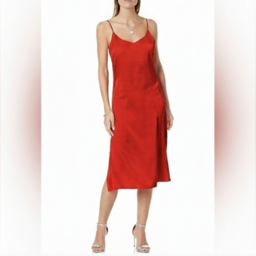 🌹The Drop Ana Silky Red Satin V- Neck Midi Slip Dress Medium, Valentine's Day🌹